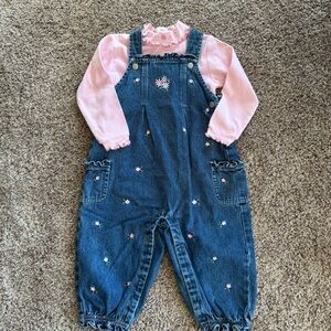 Vintage Y2K Laura Ashley Floral Bubble Denim Overalls & Turtleneck 24M Set